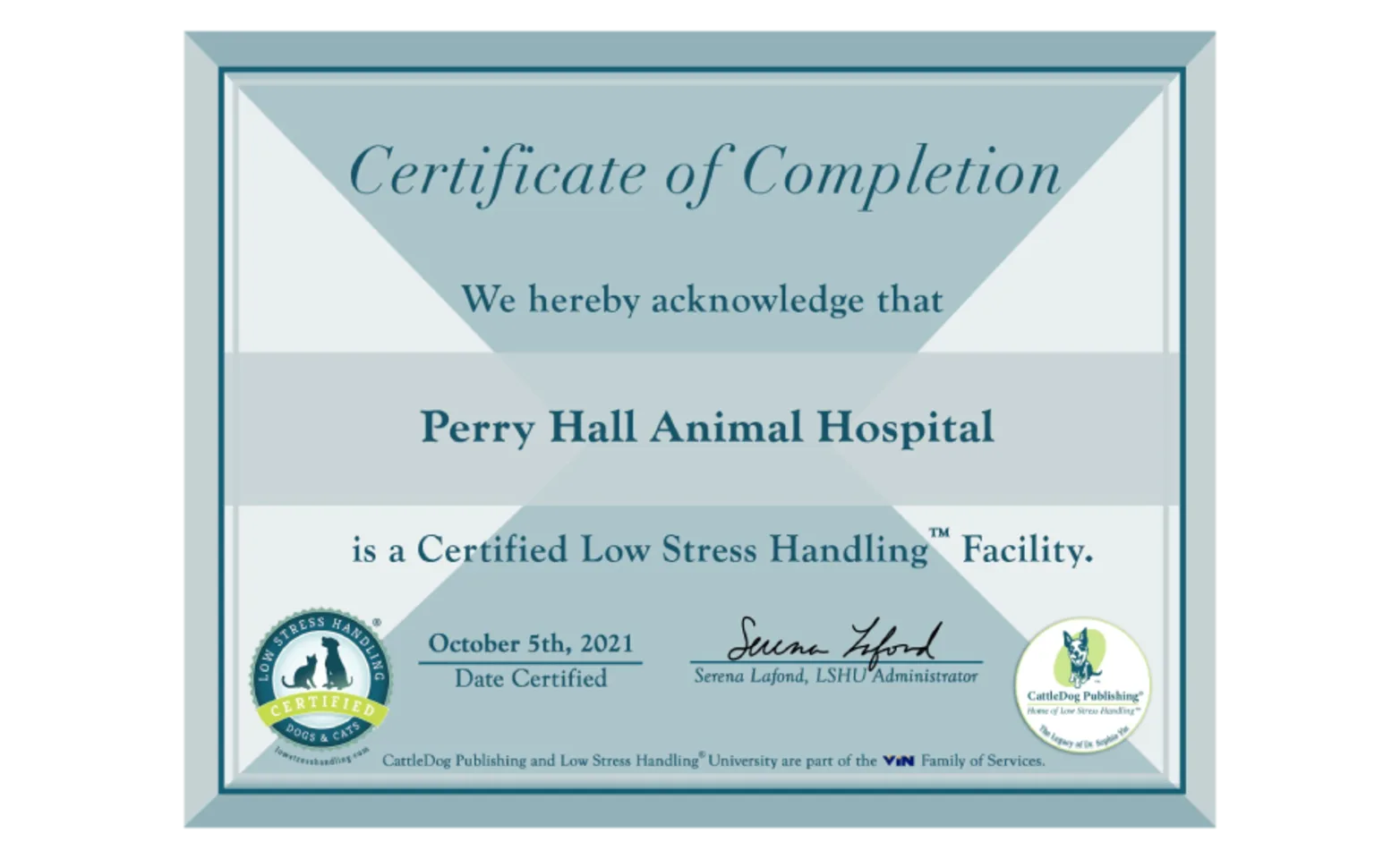 Perry Hall's certificate for Low-Stress Handling Facility